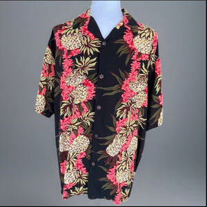 Vintage Hilo Hattie Mens Aloha Shirt Black Pineapple Orchid